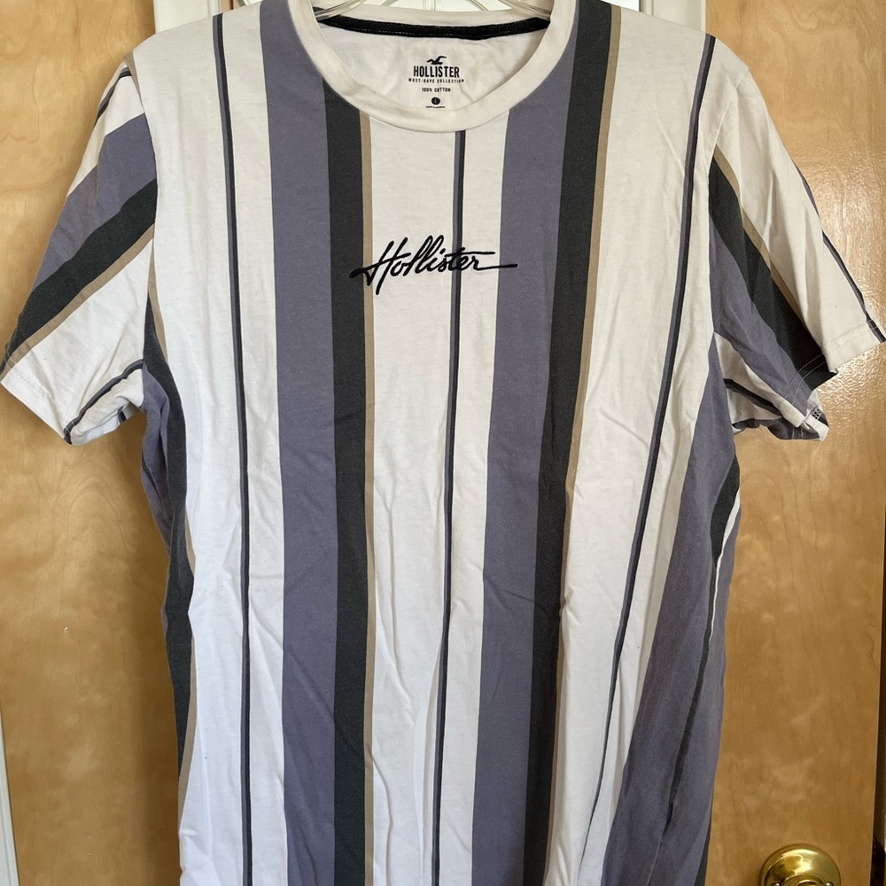 Hollister Vertical Multi-Stripe Short Sleeve Tee - White, Gray, Black, Tan